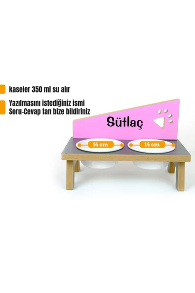 RealWood Özel Isimli, Ahşap, Seramik Kaseli, Kedi- Köpek Mama Ve Su Kabı Stantı-antrasit/pembe - 2*400 Ml. ürün görseli 1