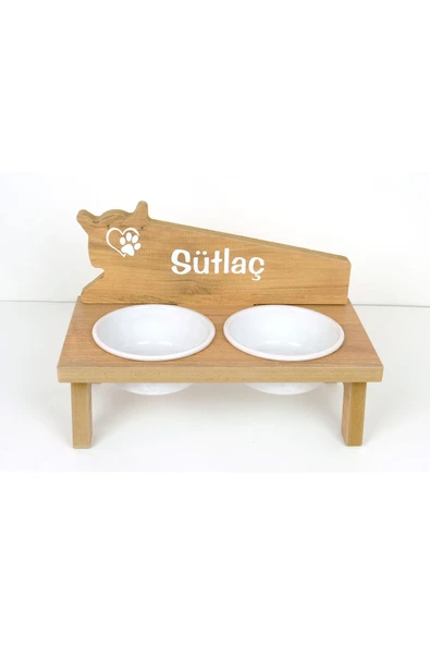 RealWood Seramik Kaseli, Özel İsimli, Ahşap Kedi-Köpek Mama ve Su Kabı Stantı-2*400 ml. ürün görseli 1