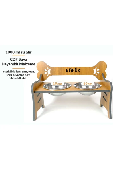 RealWood Suya Dayanıklı Ahşap Özel İsim Baskılı Çelik Kaseli Kademeli Köpek Mama ve Su Kabı Stantı ürün görseli 1