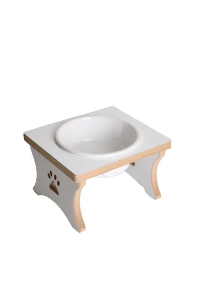 RealWood Köpek Su & Mama Kabı Standı - Büyük Irk - Beyaz MDF - Tekli Model - Beyaz Seramik Kase - 1000ml ürün görseli 1