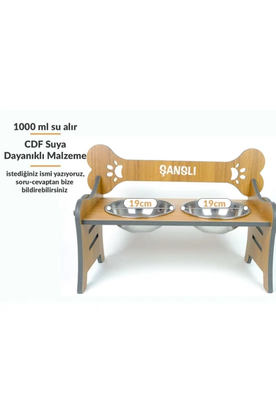 RealWood Suya Dayanıklı Ahşap Özel İsim Baskılı Çelik Kaseli Kademeli Köpek Mama ve Su Kabı Stantı ürün görseli 1