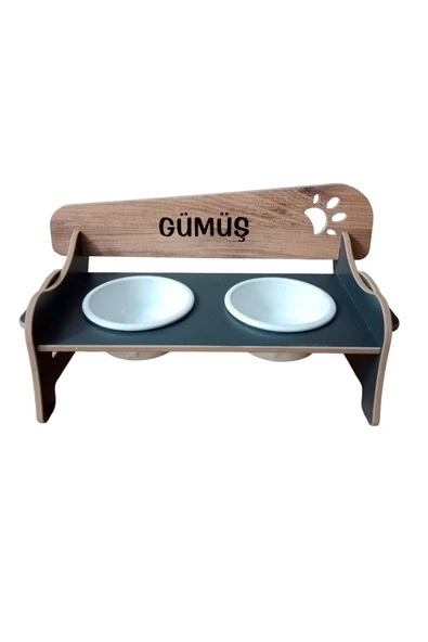 RealWood Özel İsimli Seramik Kaseli Ahşap Kedi-Köpek Mama ve Su Kabı Stantı ürün görseli 1