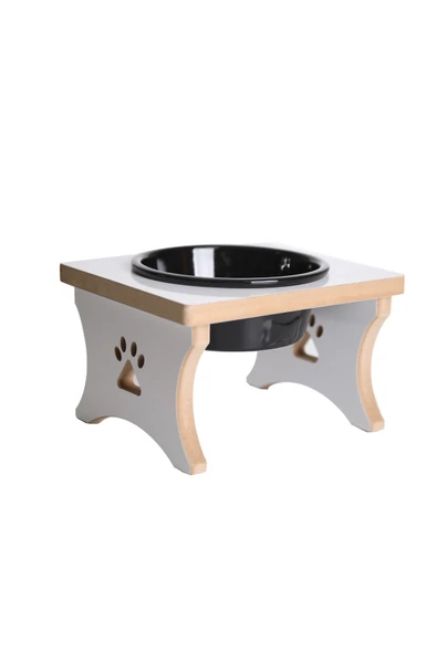 RealWood Köpek Su & Mama Kabı Standı - Büyük Irk - Beyaz MDF - Tekli Model - Siyah Seramik Kase - 1000ml ürün görseli 1