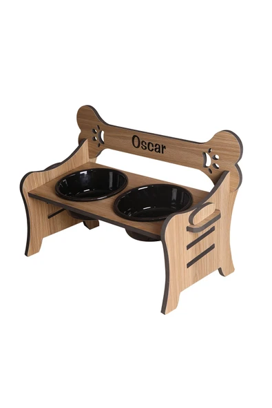 RealWood Köpek Su & Mama Kabı-isim Baskılı-suya Dayanıklı Ceviz-3 Kademeli Kemik Mod-seramik Siyah K-2*1000ml ürün görseli 1