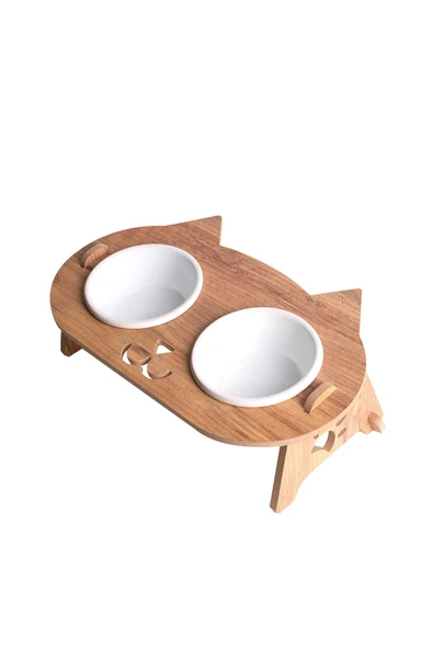 RealWood Kedi Su Ve Mama Kabı Standı - Ahşap Mdf - Eğimli Kedi Kafa Modeli-2'li-seramik Beyaz Kase-2*400ml ürün görseli 1