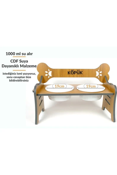 RealWood Suya Dayanıklı Ahşap Özel İsim Baskılı Seramik Kaseli Kademeli Köpek Mama ve Su Kabı Stantı ürün görseli 1