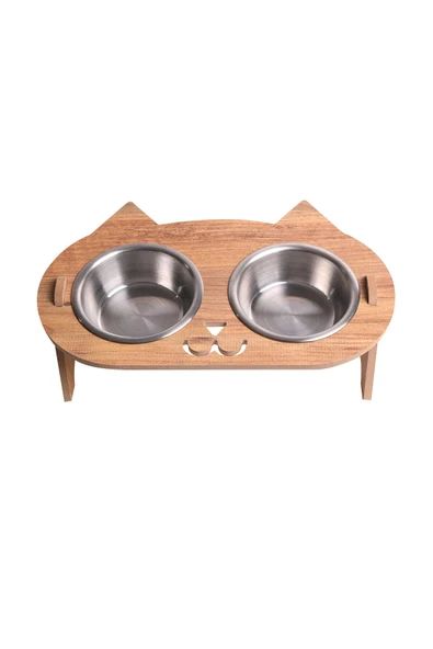 RealWood Kedi Su Ve Mama Kabı Standı - Ahşap Mdf - Eğimli Kedi Kafa Modeli - Çelik Kase - 2*350ml ürün görseli 1