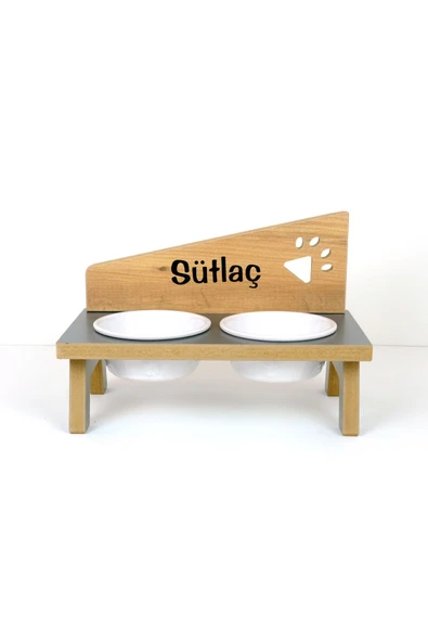 RealWood Özel Isimli Seramik Kaseli Kedi- Köpek Mama Ve Su Kabı Stantı-antrasit/meşe - 2*400 Ml. ürün görseli 1
