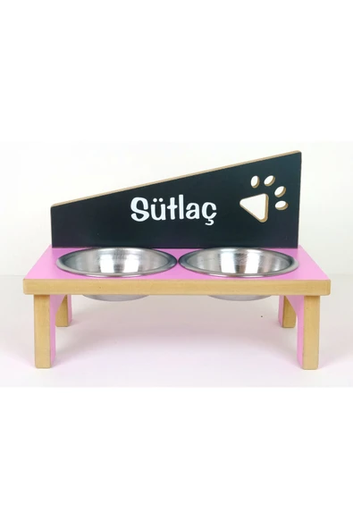 RealWood Kedi & Köpek Mama Kabı Standı-isim Baskılı-ahşap Mdf-pembe-antrasit-pençe Mod-Çelik Kase-2*400ml ürün görseli 1
