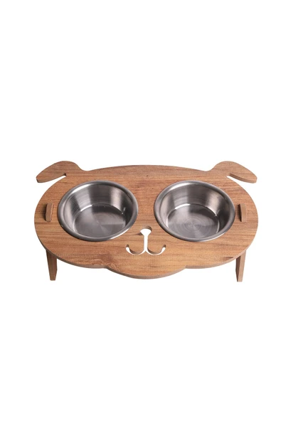 RealWood Köpek Su Ve Mama Kabı Standı - Ahşap Mdf - Eğimli Köpek Modeli - 2'li - Çelik Kase - 2*350ml ürün görseli 1