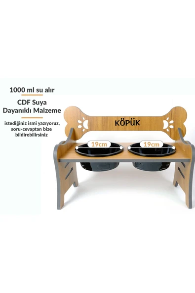 RealWood Suya Dayanıklı Ahşap Özel İsim Baskılı Seramik Kaseli Kademeli Köpek Mama ve Su Kabı Stantı ürün görseli 1