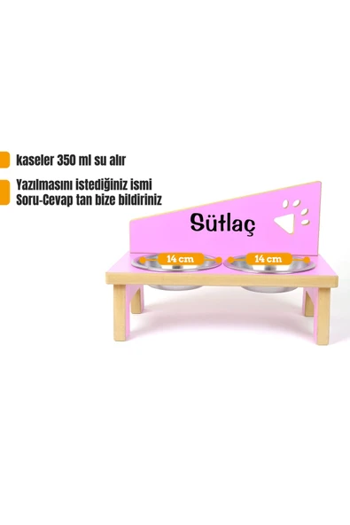 RealWood Ahşap Çelik Kâseli Özel Isim Baskılı Kedi- Küçük Irk Köpek Mama Ve Su Kabı-pembe-2*350 Ml. ürün görseli 1