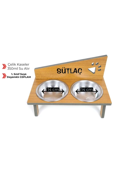 RealWood Suya Dayanıklı Ahşap Çelik Kâseli Özel Isim Baskılı Kedi-köpek Mama Ve Su Kabı Stantı - 2*350 Ml. ürün görseli 1