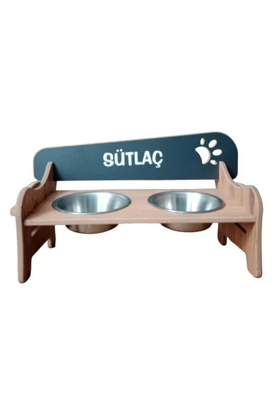 RealWood Özel İsim Baskılı, Ahşap, Kademeli, Eğimli, Çelik Kaseli, Kedi-köpek Mama Ve Su Kabı Stantı ürün görseli 1
