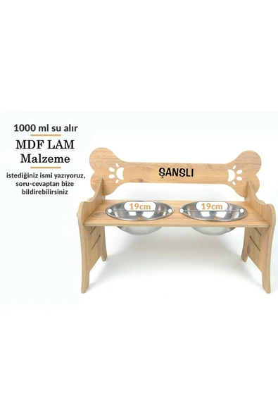 RealWood Özel İsim Baskılı, Ahşap, Kademeli, Çelik Kaseli, Eğimli, Büyük Irk Köpek Mama - Su Kabı-2*1000 Ml. ürün görseli 1