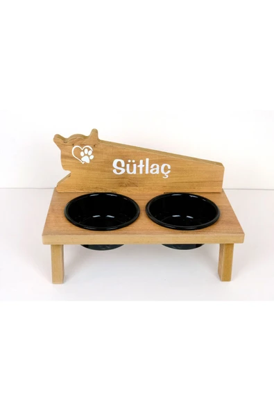 RealWood Seramik Kaseli, Özel İsimli, Ahşap Kedi-Köpek Mama ve Su Kabı Stantı-2*400 ml. ürün görseli 1
