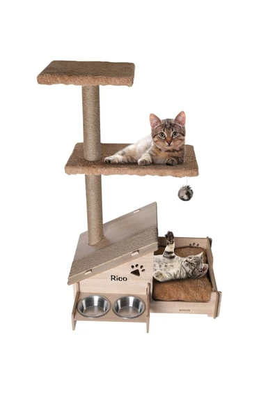 RealWood Çok Amaçlı Katlı Kedi Evi-isim Baskılı-ahşap Mdf-tırmalama Çubuklu-kahverengi-çelik Kase-2*350 ürün görseli 1