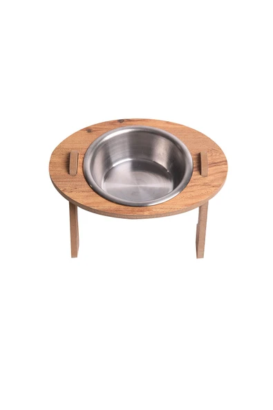 RealWood Kedi & Köpek Su Ve Mama Kabı Standı - Ahşap Mdf - Eğimli Tekli Oval Model - Çelik Kase - 350ml ürün görseli 1