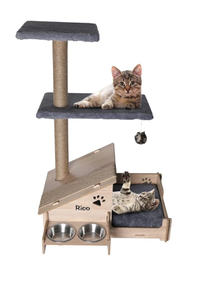 RealWood Çok Amaçlı Katlı Kedi Evi-isim Baskılı-ahşap Mdf-tırmalama Çubuklu-gri Minder-çelik Kase-2*350 ürün görseli 1