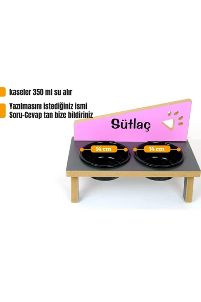RealWood Özel Isimli, Seramik Kaseli, Kedi-küçük Irk Köpek Mama Ve Su Kabı Stantı-siyah/2*400 Ml. ürün görseli 1