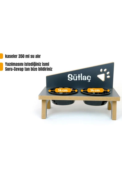 RealWood Özel İsimli, Seramik Kaseli, Kedi-küçük Irk Köpek Mama Ve Su Kabı Stantı-siyah/400 Ml. ürün görseli 1