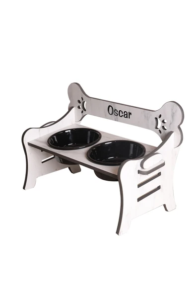 RealWood Köpek Su & Mama Kabı-isim Baskılı-suya Dayanıklı Beyaz-3 Kademeli Kemik Mod-seramik Siyah K-2*1000ml ürün görseli 1