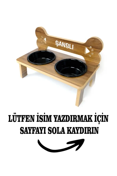 RealWood Köpek Su Ve Mama Standı -özel Isim Baskılı-kemik Model-cevizmdf-büyük Irk-seramiksiyahkase-2*1000ml ürün görseli 1