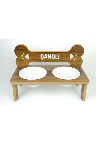 RealWood Köpek Su Ve Mama Kabı-özel Isim Baskılı-ahşap Mdf-kademelikemik-büyük Irk-seramikbeyazkase-2*1000ml ürün görseli 1
