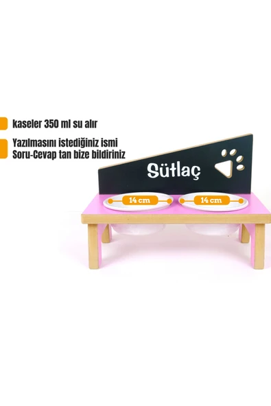RealWood Özel Isimli Seramik Kaseli Kedi- Köpek Mama Ve Su Kabı Stantı-pembe/antrasit - 2*400 Ml. ürün görseli 1