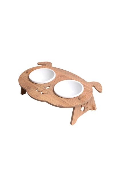 RealWood Köpek Su Ve Mama Kabı Standı - Ahşap Mdf - Eğimli Köpek Kafa Modeli-2'li-beyaz Seramik Kase-2*400ml ürün görseli 1
