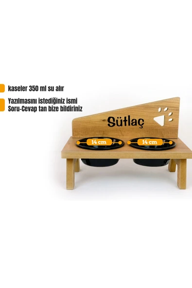 RealWood Özel İsimli Seramik Kaseli Kedi-Köpek Mama ve Su Kabı Stantı-Siyah ürün görseli 1