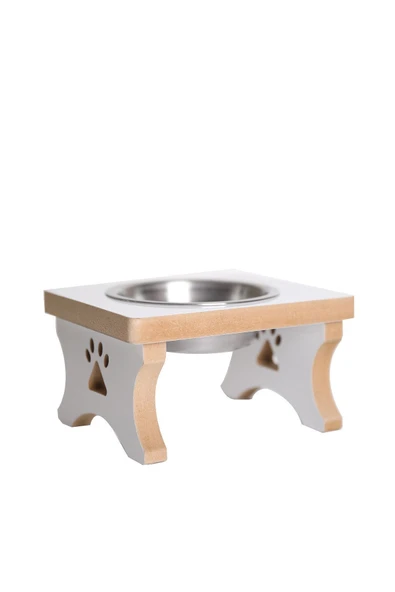 RealWood Köpek Su & Mama Kabı Standı - Orta - Küçük Irk - Beyaz MDF - Tekli Model - Çelik Kase-400ml ürün görseli 1