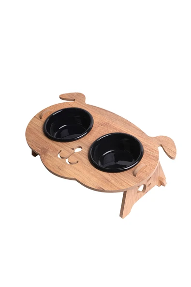 RealWood Köpek Su Ve Mama Kabı Standı - Ahşap Mdf - Eğimli Köpek Kafa Modeli-2'li-seramik Siyah Kase-2*400ml ürün görseli 1