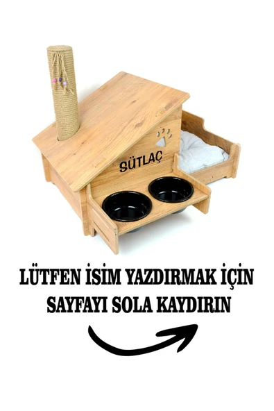 RealWood Çok Amaçlı Kedi Evi - Özel Isim Baskılı - Ahşap Mdf - Siyah Seramik Kase 2*400 - Tırmalama Çubuklu ürün görseli 1