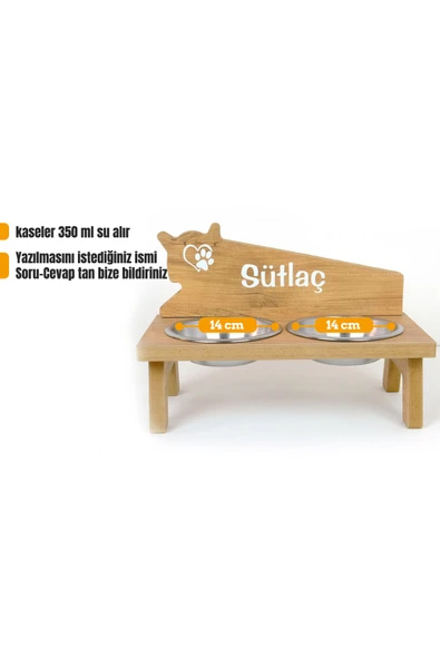 RealWood Özel İsim Baskılı, Ahşap, Çelik Kaseli Kedi- Küçük Irk Köpek Mama Ve Su Kabı Stantı ürün görseli 1