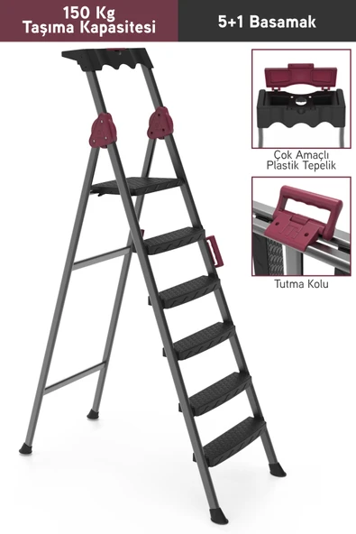 Perilla Comfort 5+1 Basamaklı Kolay Taşınır Tutamaçlı Profil Metal Merdiven ürün görseli 1