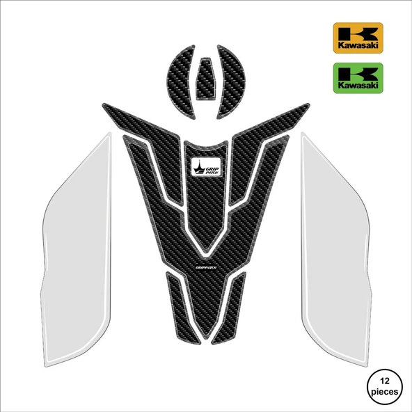 Grippatch Kawasaki Z900 2025 ile Uyumlu Kaydırmaz 6D Karbon ve Şeffaf 12 Parça Tank Pad Seti GC72 ürün görseli 1