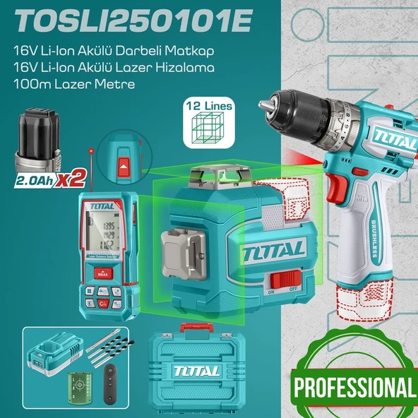 Total Akülü Set - Darbeli Matkap - Lazer Hizalama - Lazermetre - TOSLI250101E ürün görseli 1