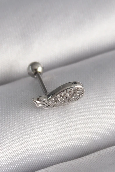 316L Çelik Gümüş Renk Zirkon Taşlı Kanat Tragus Piercing ürün görseli 1