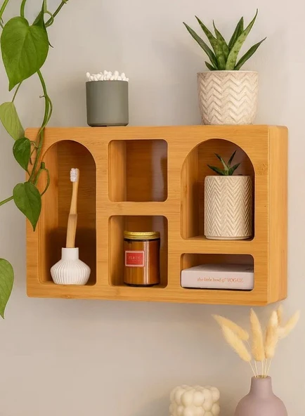 Dekoratif Bambu Duvar Rafı 40X28 Cm Dekor Obje Düzenleyici Organizer Raf ürün görseli 1