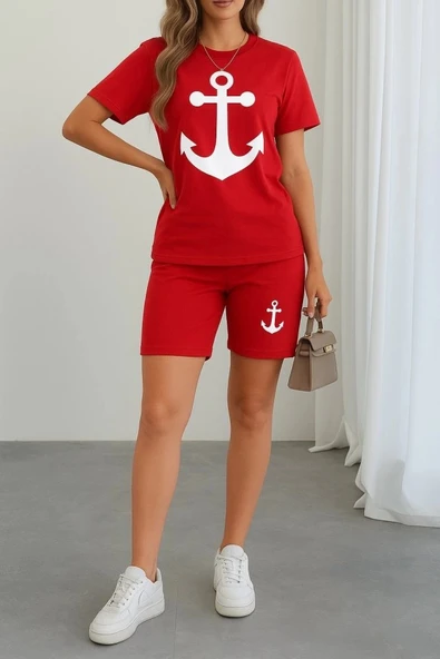 Kadın Kısa Kollu çapa Baskılı Viskon Ikili Takım ürün görseli 1