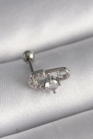 316L Çelik Gümüş Renk Zirkon Taşlı Toplu İğne Tragus Piercing ürün görseli 1