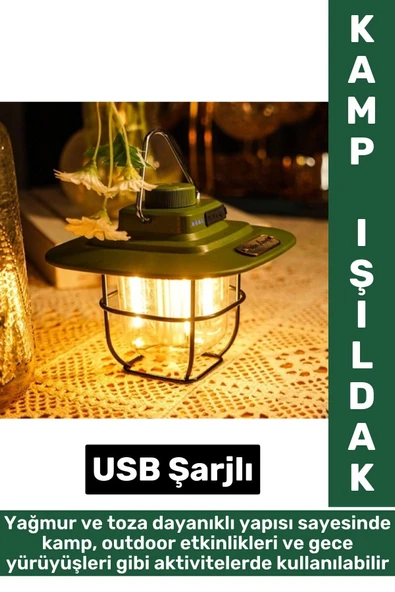 Kamp Piknik Outdoor Asılabilir Tasarım Nostaljik Yağmura Toza Dayanıklı Şarjlı Powerbankli Işıldak ürün görseli 1