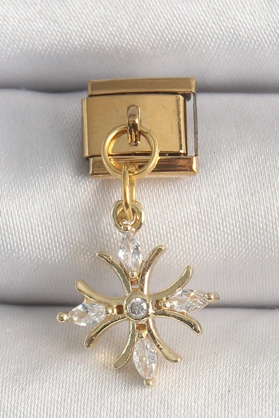 316L Çelik Gold Renk Sallantı Zirkon Taşlı Kar Tanesi Model Nomination Charm ürün görseli 1