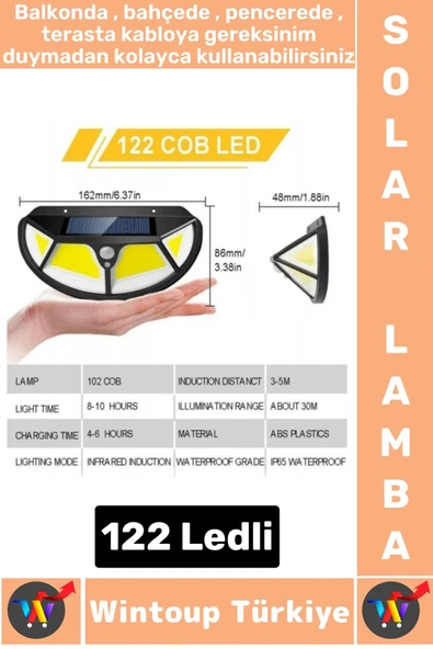 Outdoor Dış Mekan Aydınlatma Güneş Enerjili Fonksiyonel Sensör 3 Modlu 122 Led Solar Bahçe Lambası ürün görseli 1