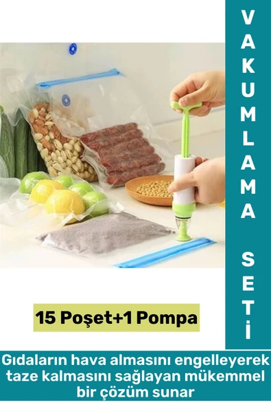 Kolay Kullanım Et Sebze Balık Gıda Manuel Pompalı Vakumlama Saklama Poşeti Özel Set 15 Poşet+1 Pompa ürün görseli 1