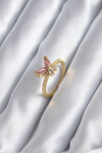 Gold Renk Pembe Zirkon Taşlı Kelebek Model Kadın Yüzük ürün görseli 1