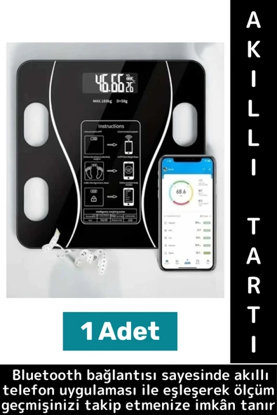Premium Yağ Kas Su Kemik Ölçümü 180 Kg Kapasite Bluetooth Kontrollü Dijital LCD Ekran Akıllı Tartı ürün görseli 1