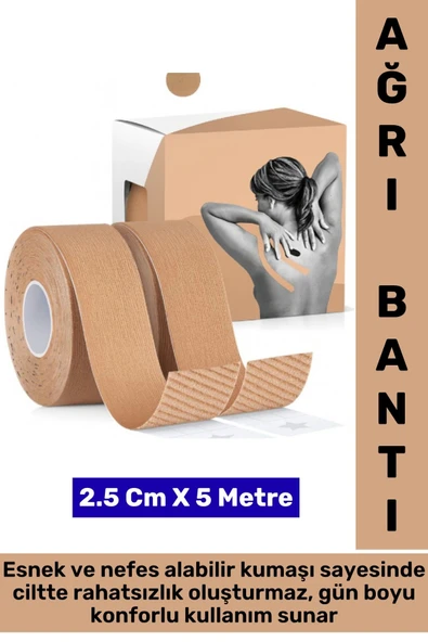 Hızlı Etkili Kas Eklem Bel Bacak Kol Boyun Sırt Omuz Karın Kalça Kinezyo Ağrı Bandı 2.5 Cm X 5 Metre ürün görseli 1