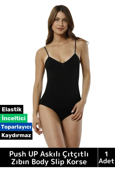 Özel Lazer Kesim İz Göstermez Toparlayıcı Askılı Çıtçıtlı Push UP Slip Body Zıbın Korse ürün görseli 1